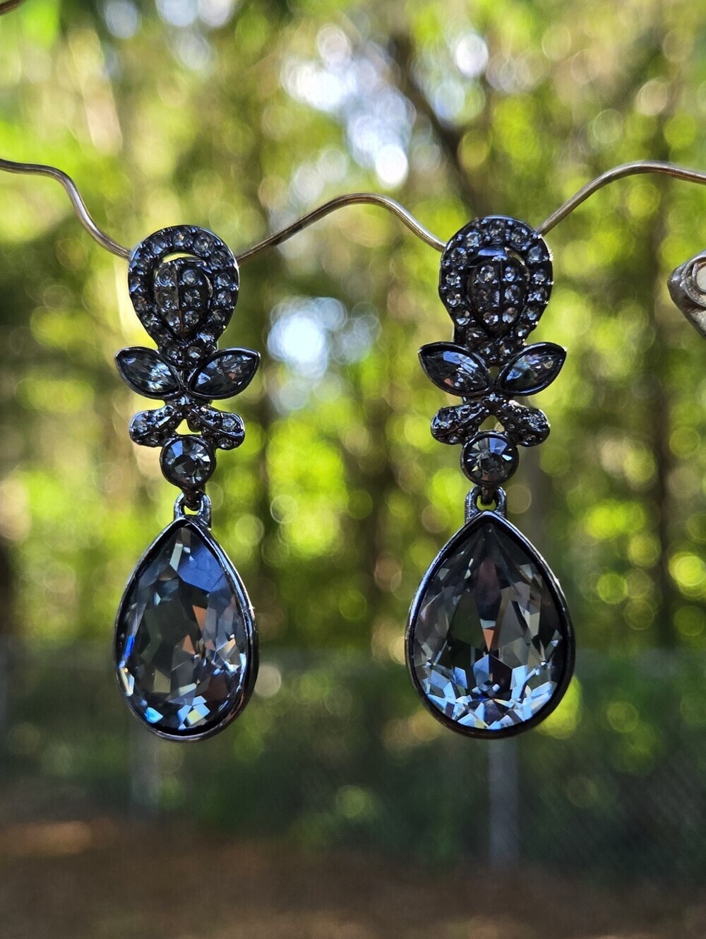 Givenchy Smoky Gray Black Teardrop Crystal Drop Earrings Vintage Clip Style